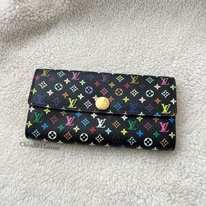 Auth Louis Vuitton Black Multicolor Takashi Murakami Sarah Wallet w/ Gold Hdw